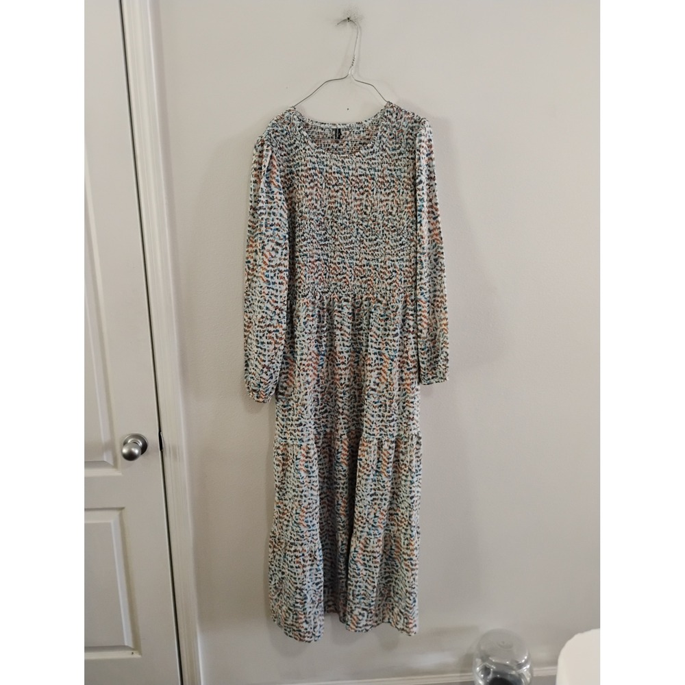 Fashion Multi Color Abstract Print Smocked Maxi Dress Long Sleeve Tiered Boho